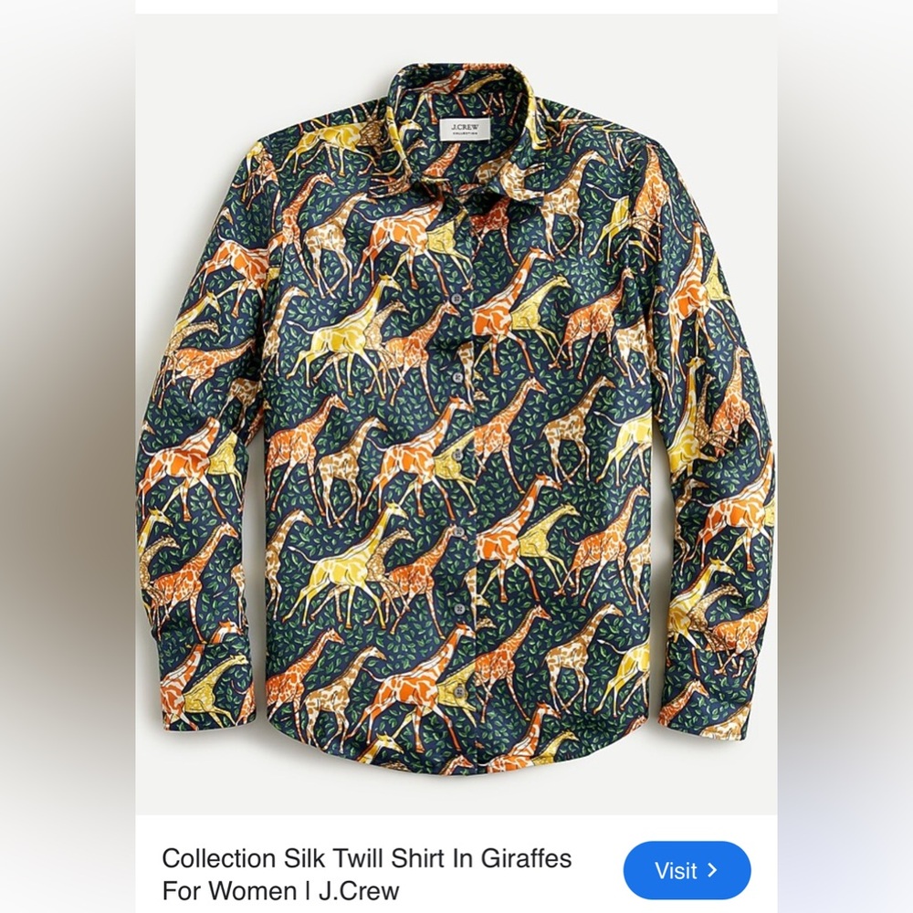 J Crew Collection 100% Silk Twill Shirt in Giraffes Size 10